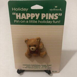 New Vintage Hallmark 1984 Teddy Bear Holiday Happy Pins Brooch Lapel Pin 80's